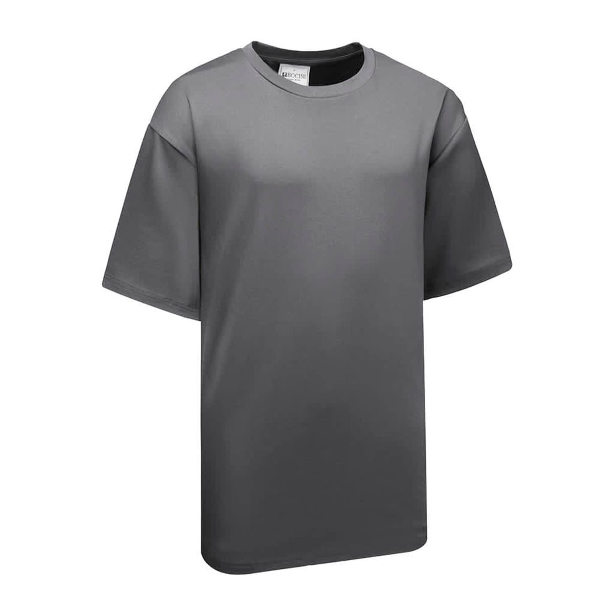 An oversized grey t-shirt with short sleeves and a crew neckline, featuring a logo on the label.