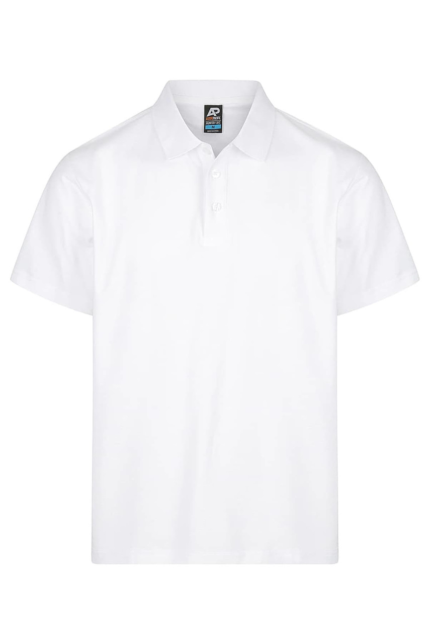 A white polo shirt with a collar and three-button placket, featuring an embroidered logo.