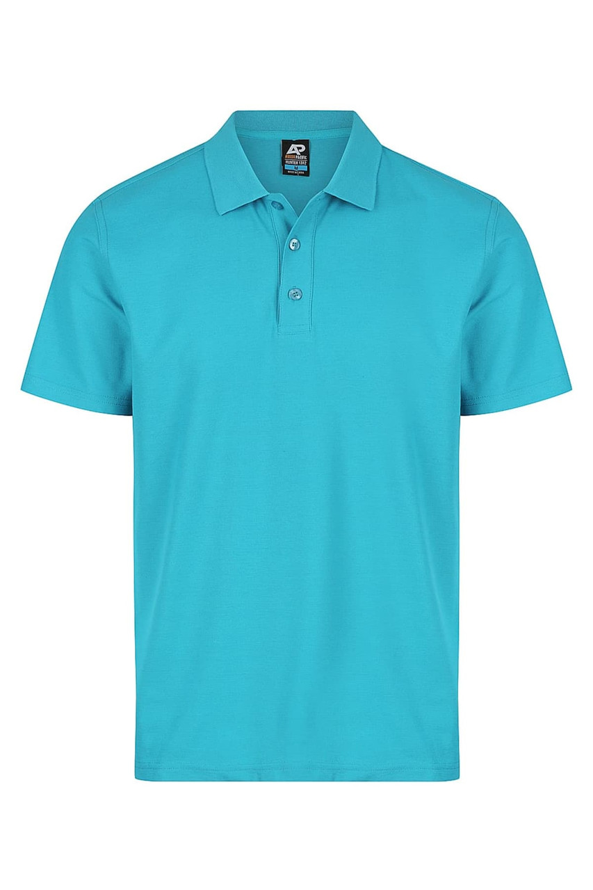 A turquoise polo shirt featuring a collar and three buttons, with a logo on the label.