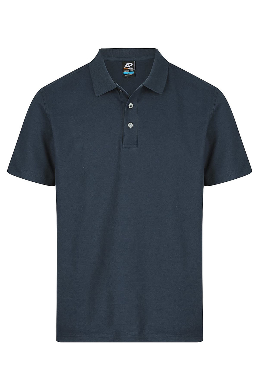 A navy polo shirt with a collar and three buttons, featuring a logo on the tag.