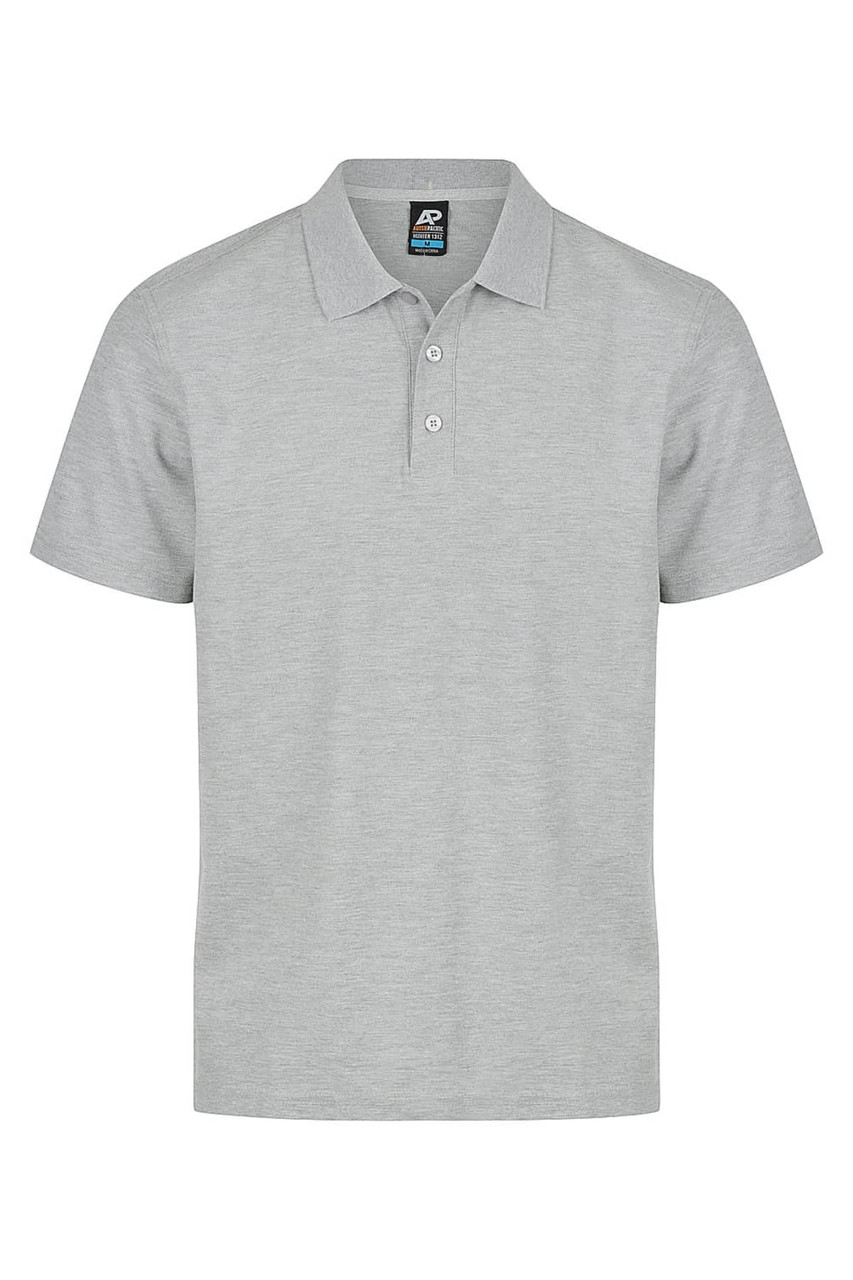 A light grey polo shirt featuring a collar and three buttons, with a logo on the label.