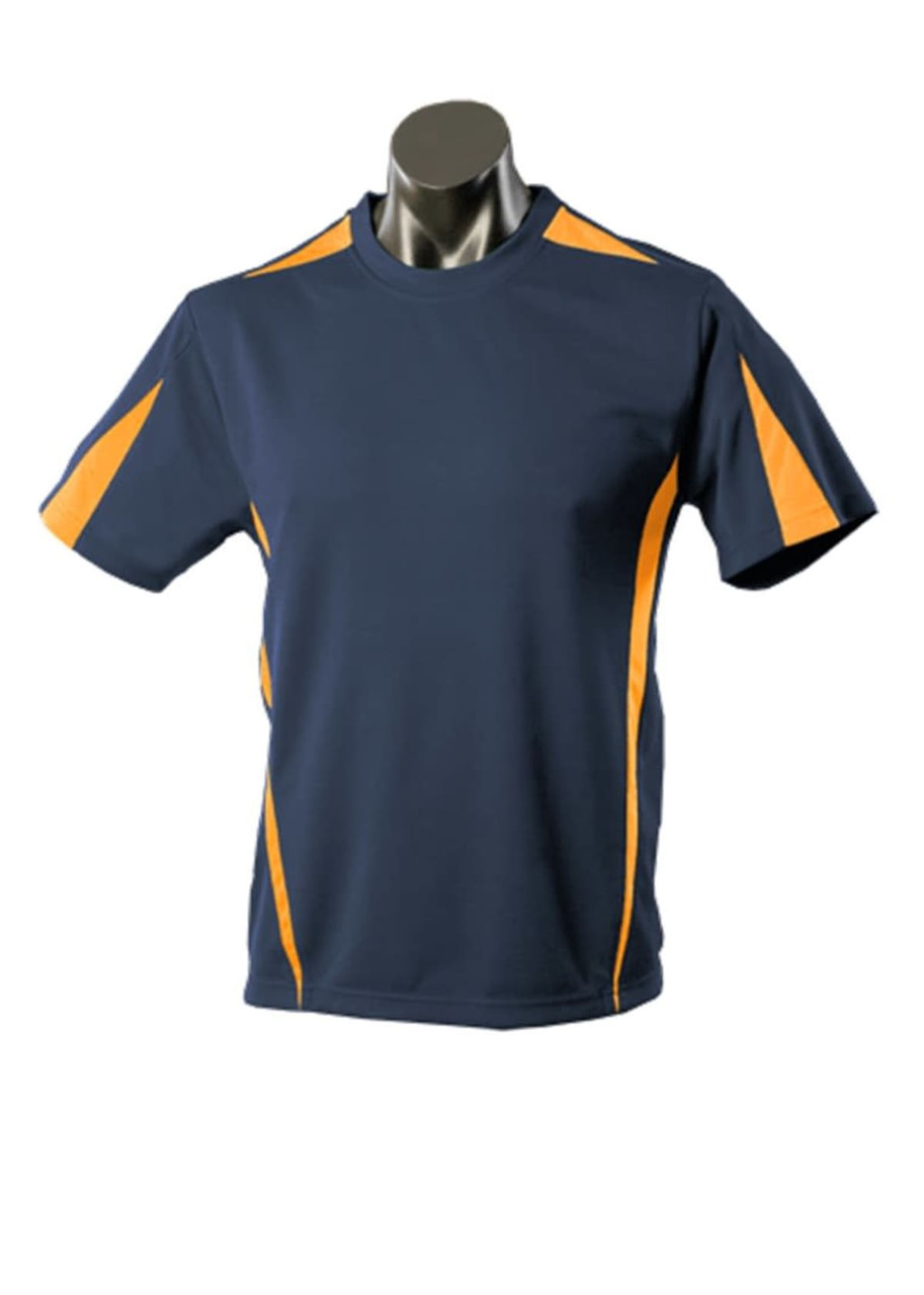 A navy blue T-shirt with orange accents, displayed on a mannequin. It features a logo on the chest.