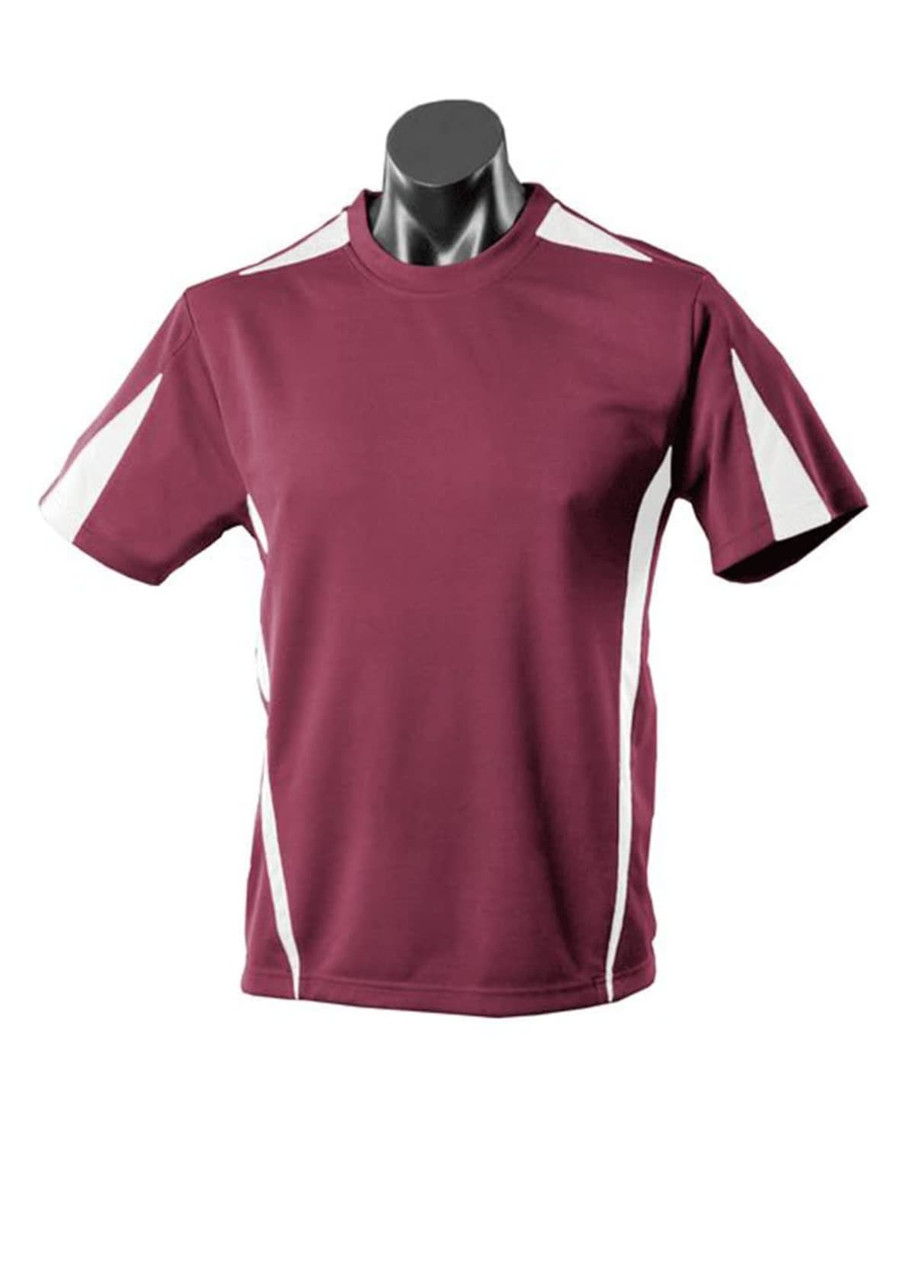 A maroon t-shirt with white accents, featuring short sleeves and a modern design. It includes a logo on the front.