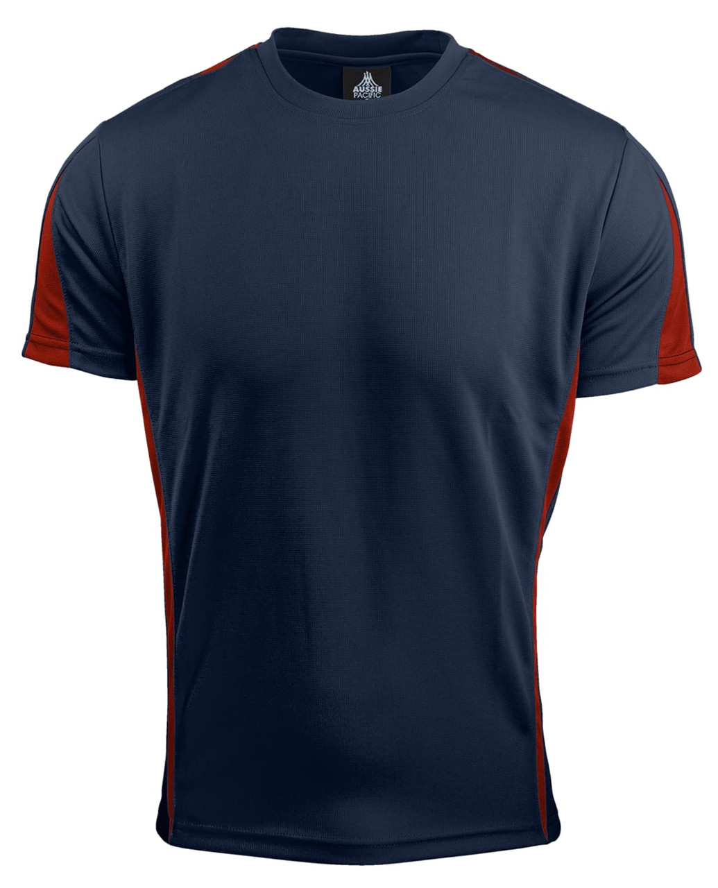 A navy blue T-shirt with red accents on the sleeves and sides. It features a logo on the collar.