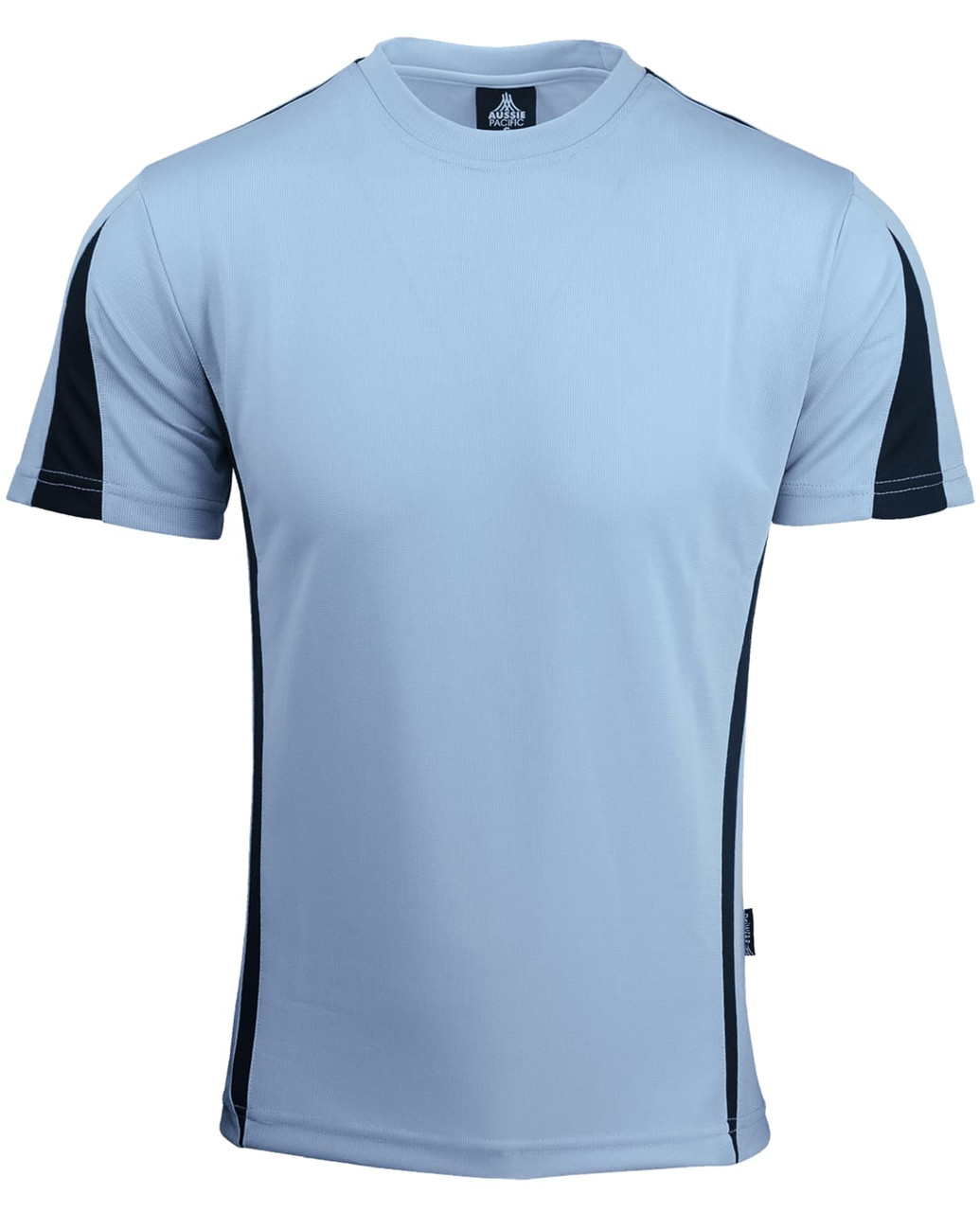 A light blue men's t-shirt with black accents on the shoulders and sides. It has a logo on the neckline.