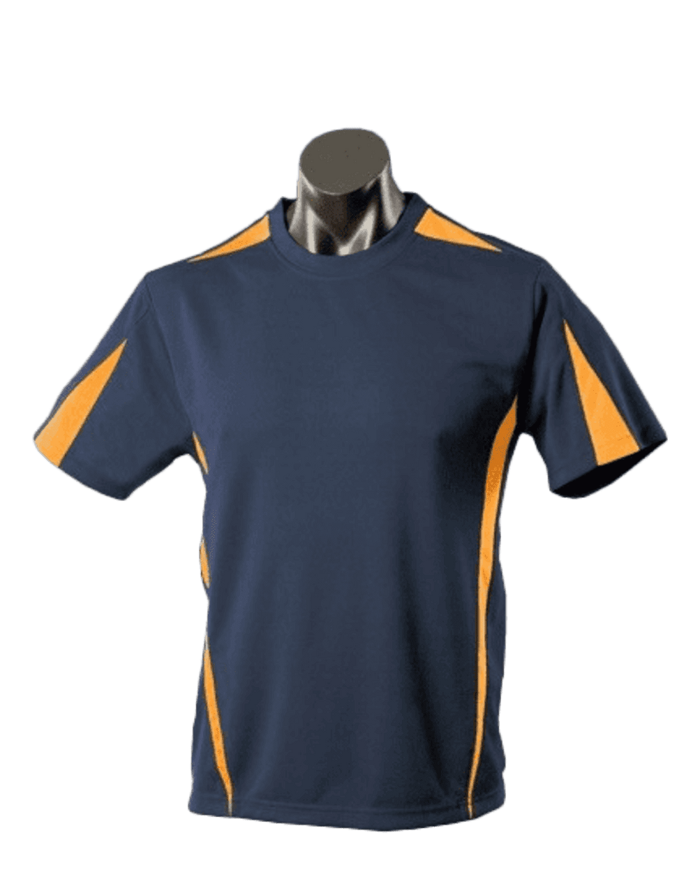A navy blue t-shirt featuring orange accents, displayed on a mannequin. Includes a logo on the shirt.