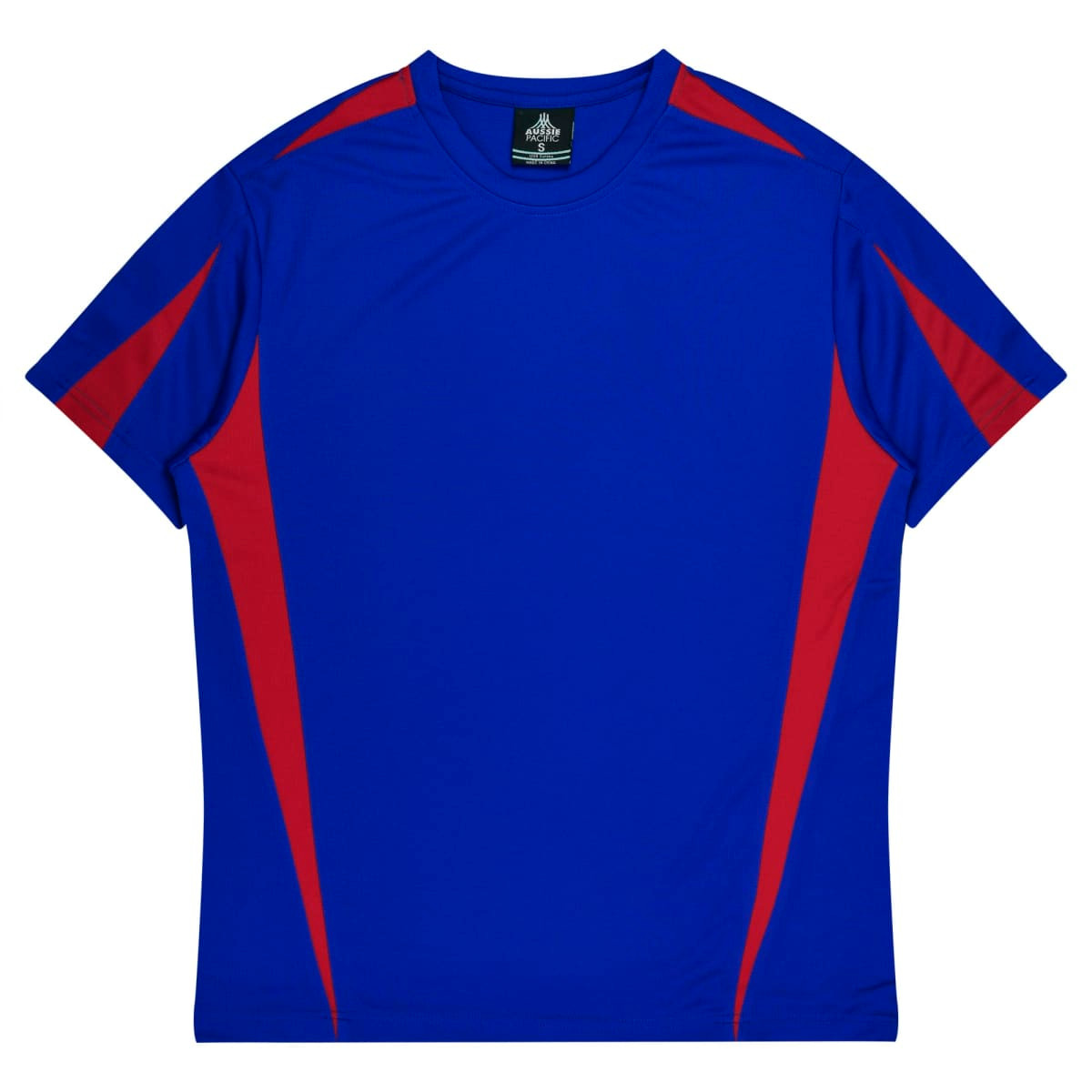 A blue t-shirt with red accents and a logo on the label, showcasing a sporty style.