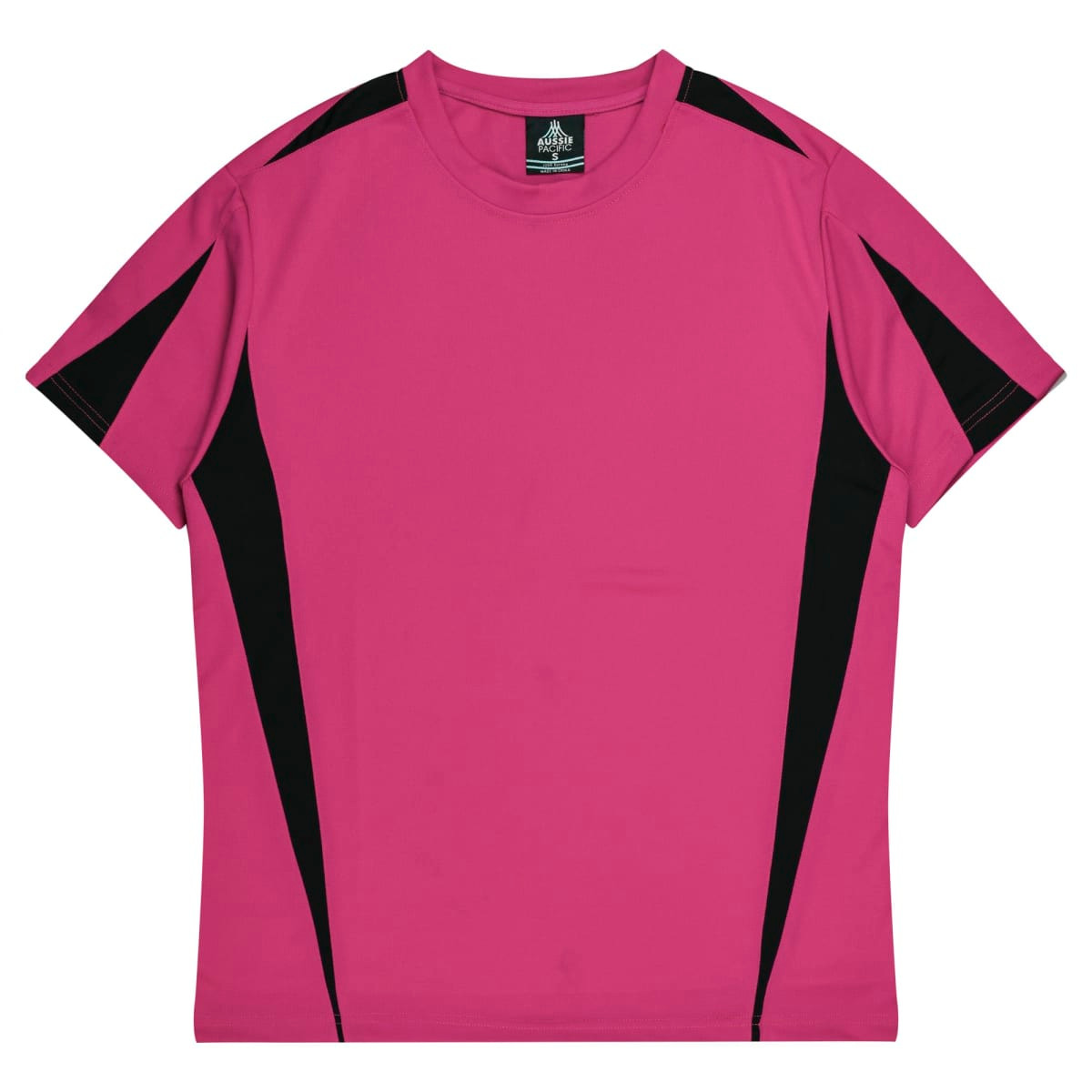 A pink T-shirt with black side panels and a logo on the neckline. Ideal for casual wear or activities.