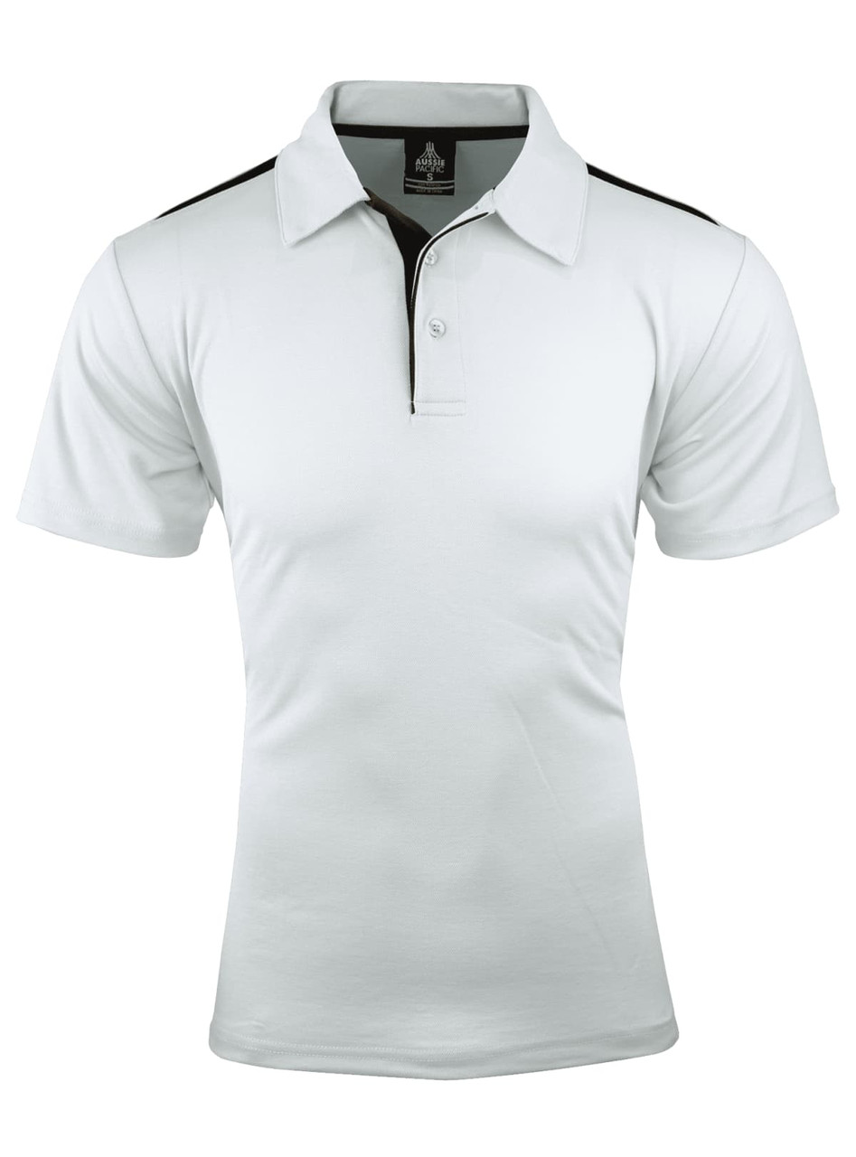 A white polo shirt with black detailing on the shoulders and a collar, featuring a logo on the front.