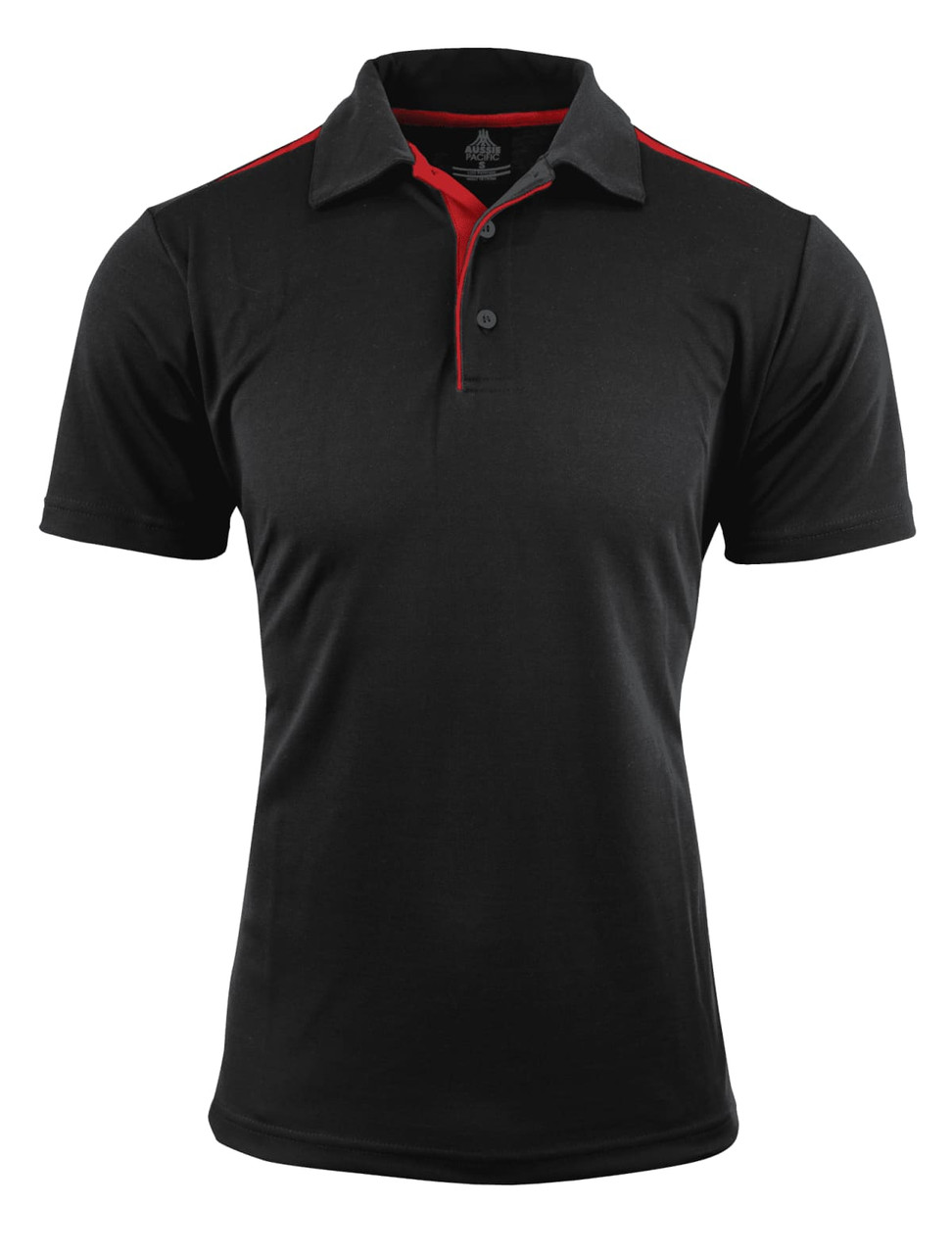 A black polo shirt with red accents, featuring a collar and button placket. Includes branding.