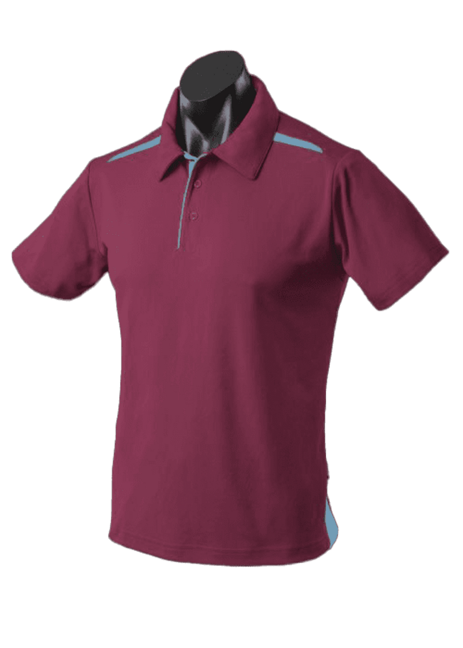 A maroon polo shirt featuring light blue accents and a classic collar design. It has a logo on the chest.