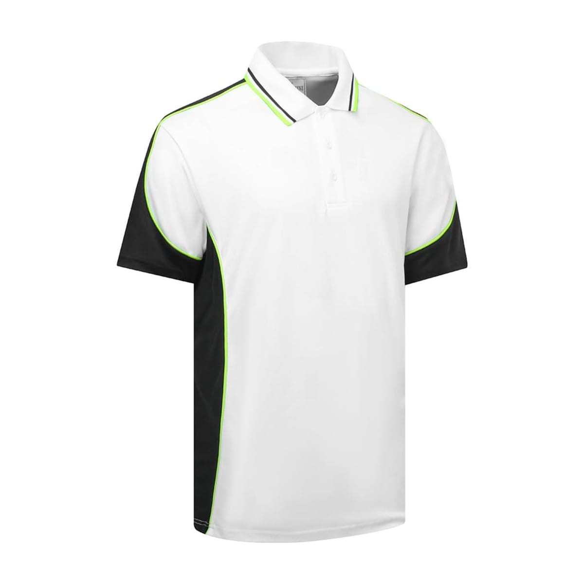 A white polo shirt with black sides and green accents, featuring a small logo on the chest.