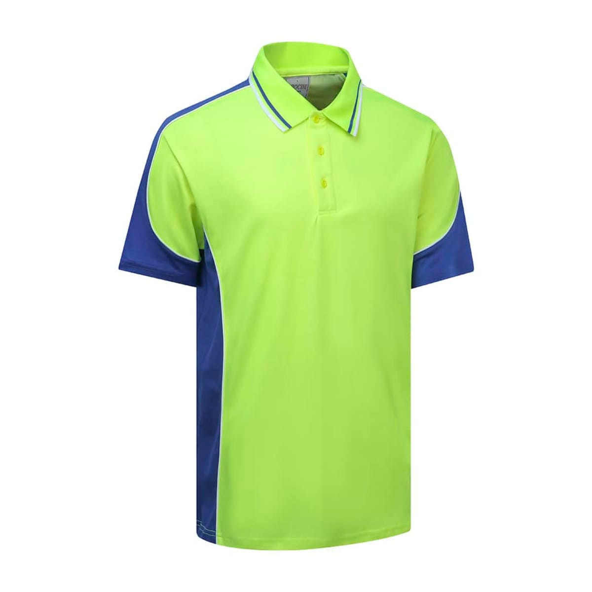 A polo shirt in vibrant lime green with navy blue accents and a logo on the chest.