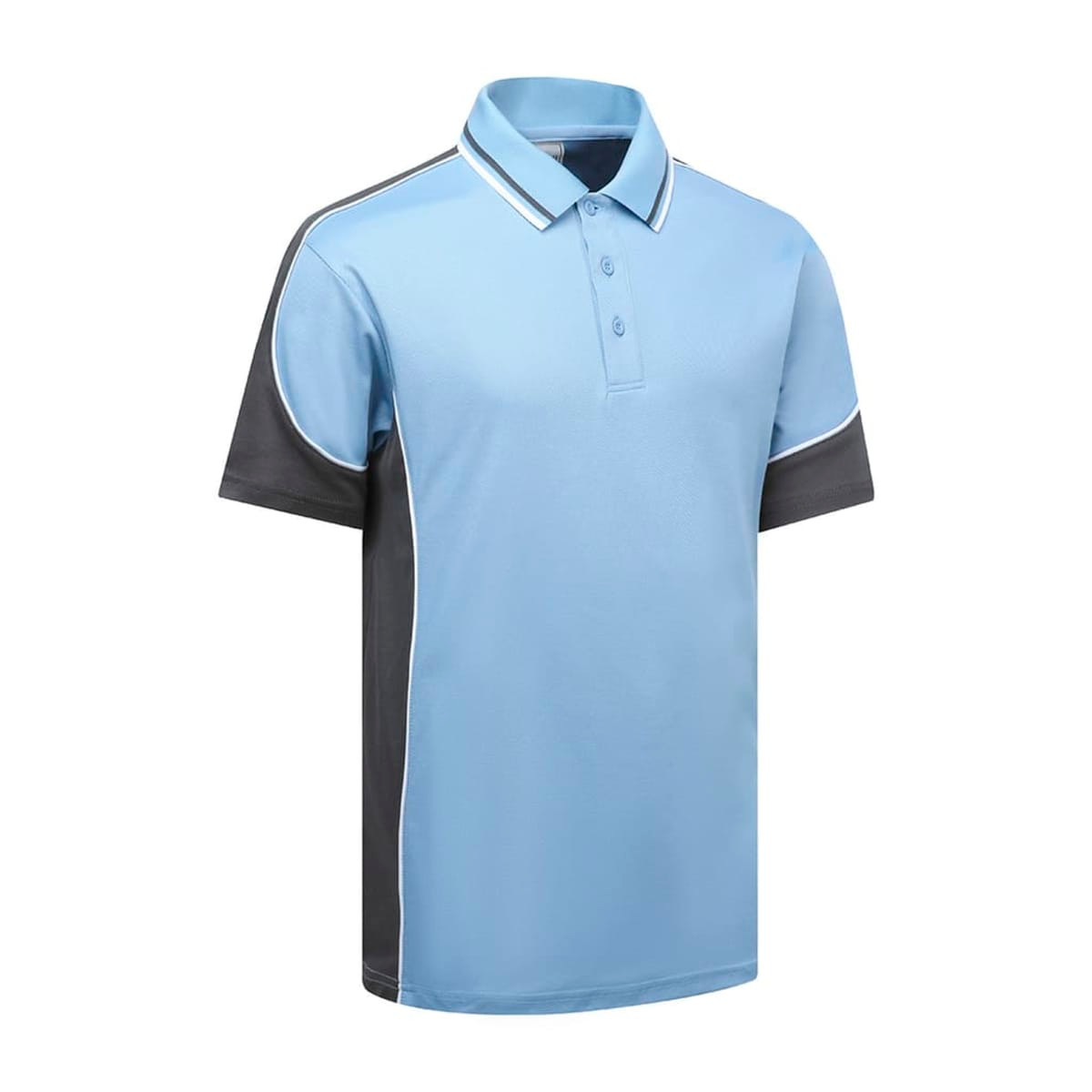 A light blue polo shirt with grey accents and a collar, featuring a logo.
