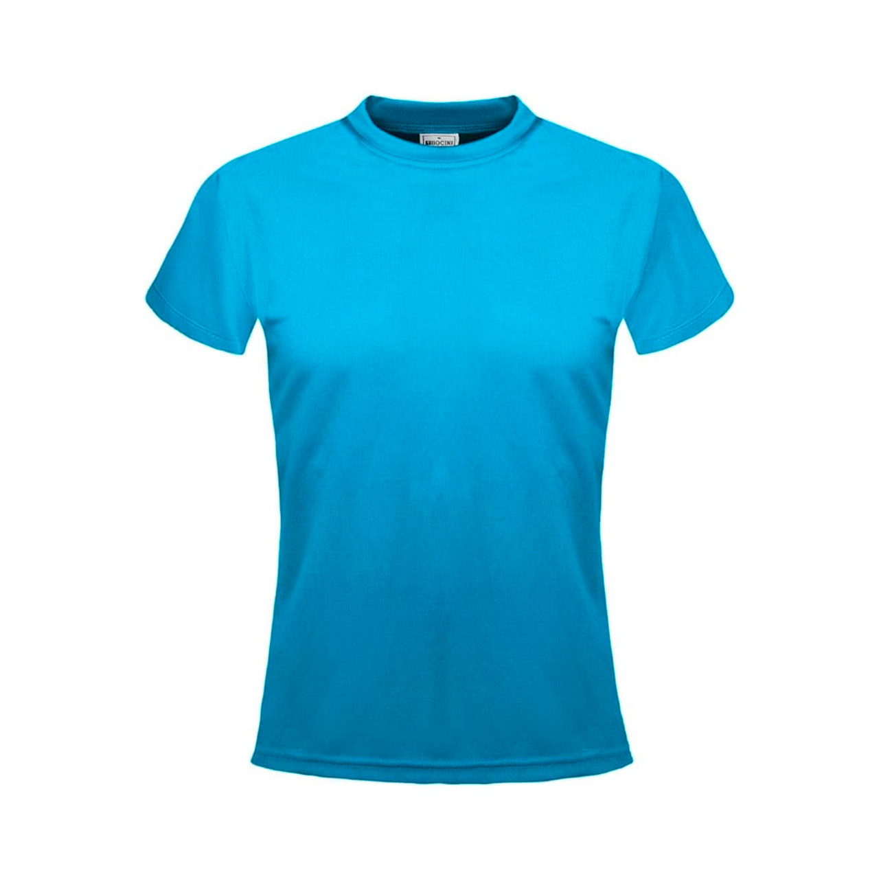 A bright turquoise micromesh tee with a classic crew neck and short sleeves, featuring a logo on the label.