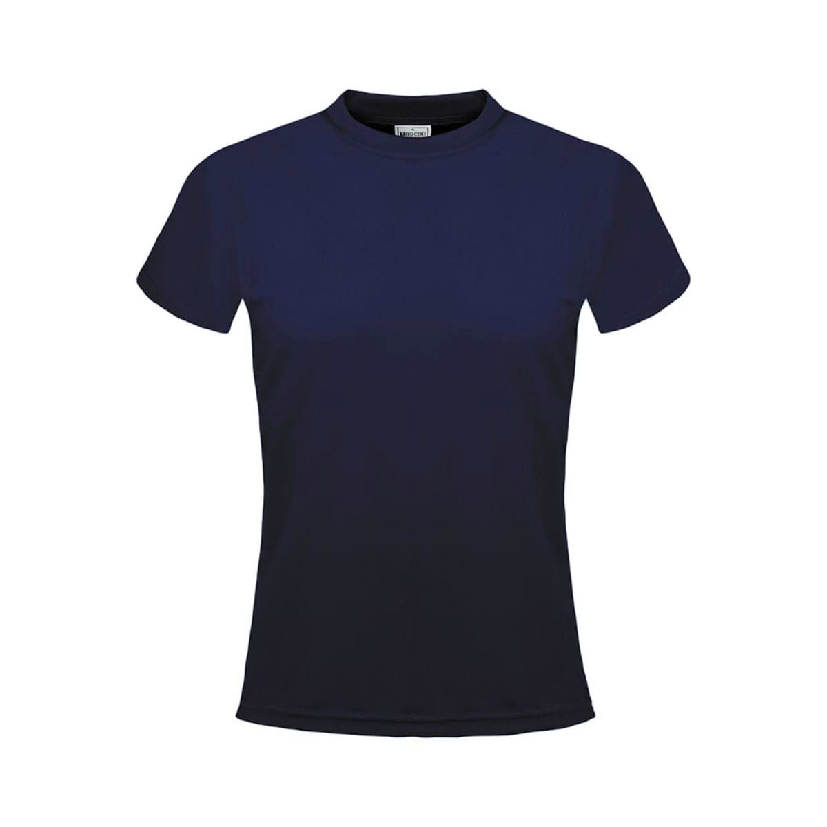 A navy blue plain micromesh T-shirt with short sleeves and a round neckline. It features a logo.