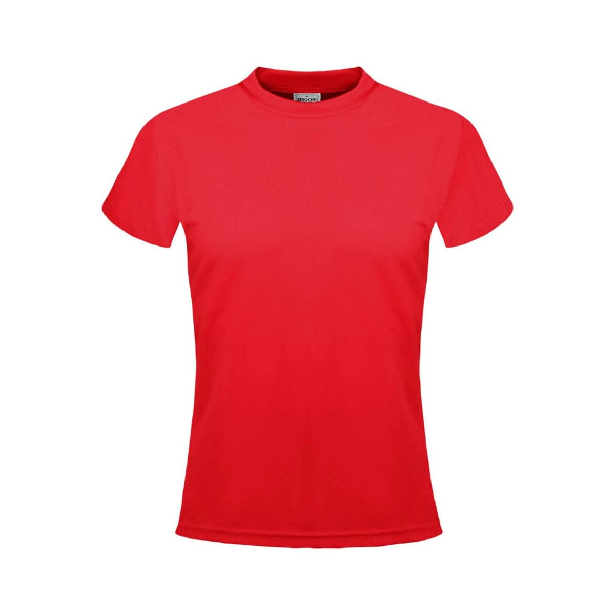 A red micromesh tee for women, featuring a simple design and a logo on the label.