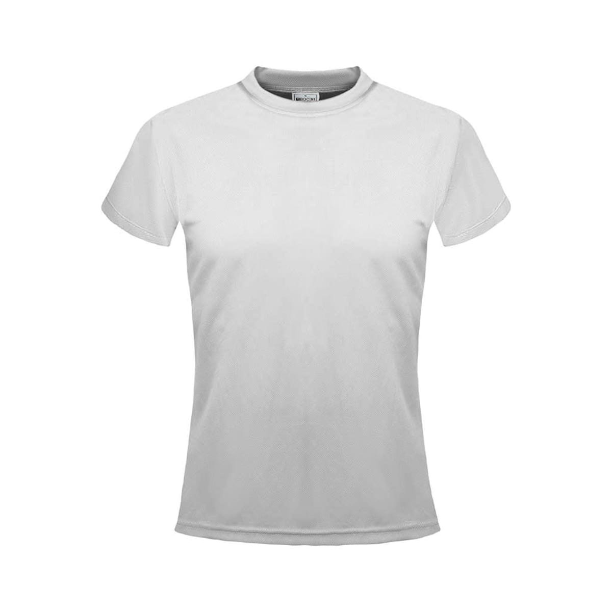 A white ladies' micromesh tee featuring a classic crew neck and short sleeves, with a logo on the label.