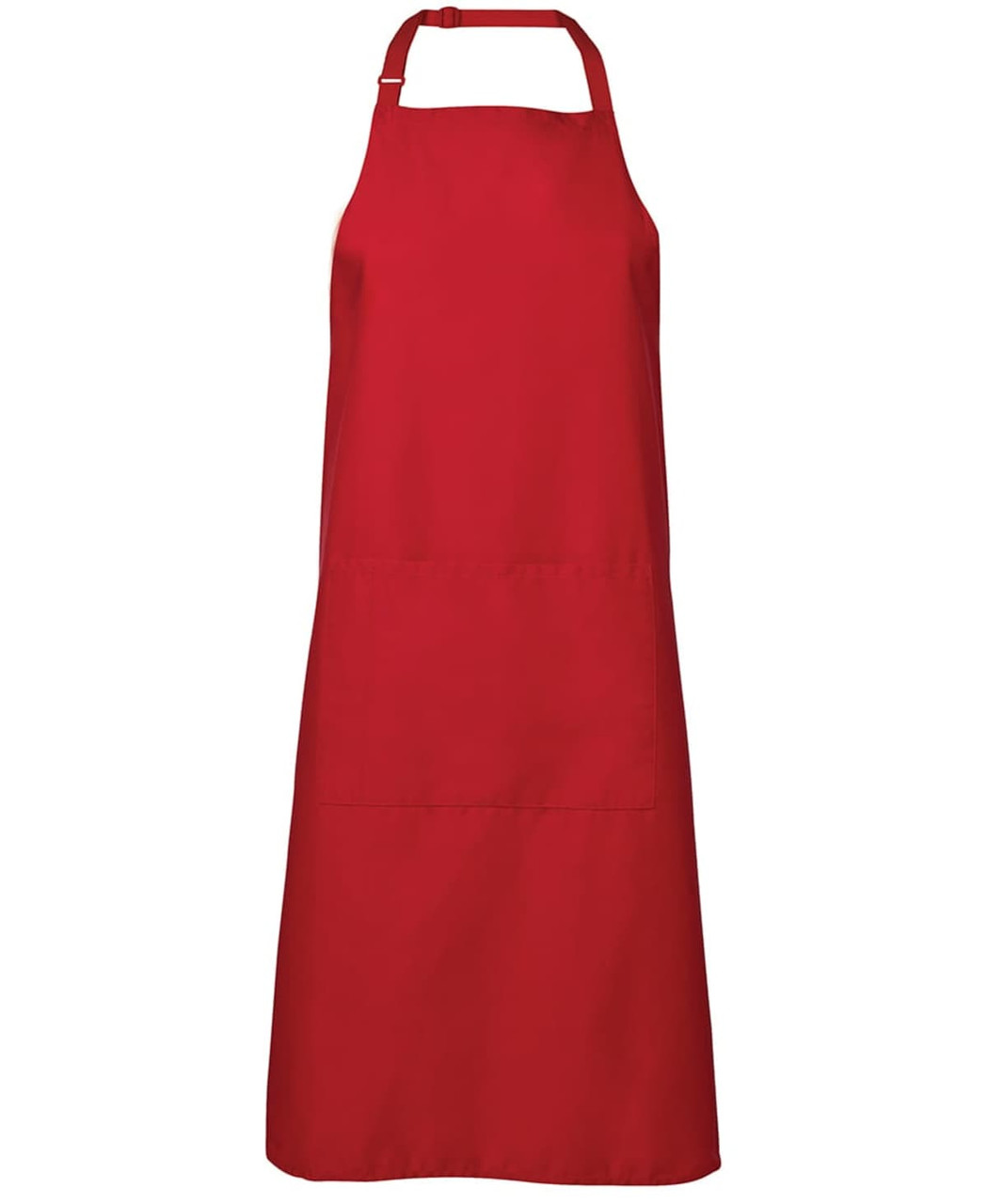 A red apron with a neck strap and a front pocket, featuring branding.