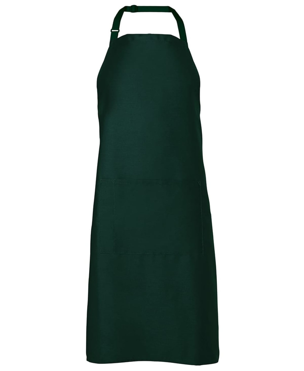 A dark green apron featuring a front pocket and an adjustable neck strap. The design includes a logo.