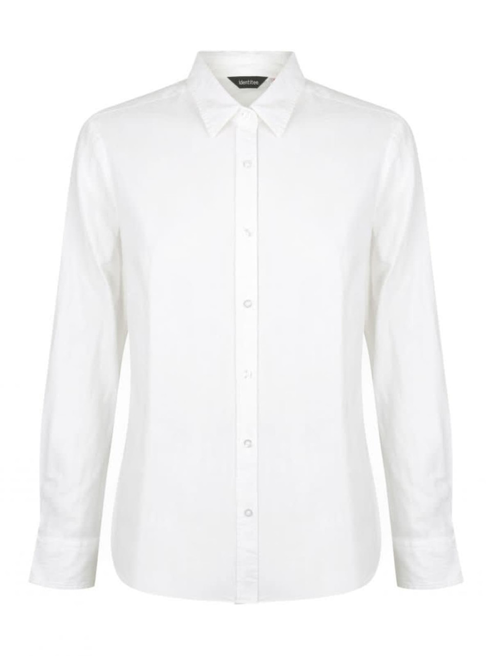 A white ladies long sleeve button-up shirt featuring a collar and a logo on the label.