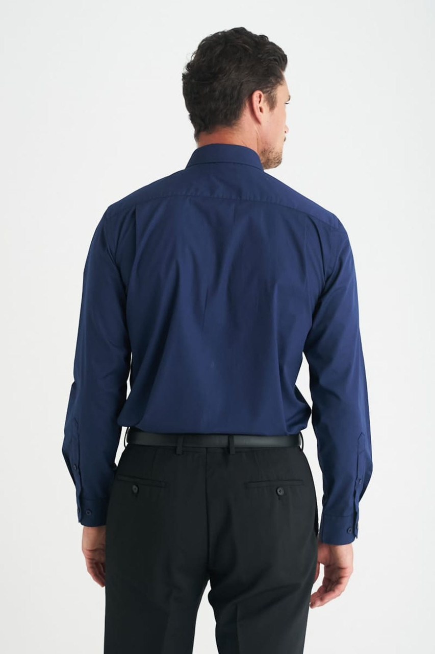 A men's long sleeve button-up shirt in navy blue, featuring a back view and plain design. It includes a logo.