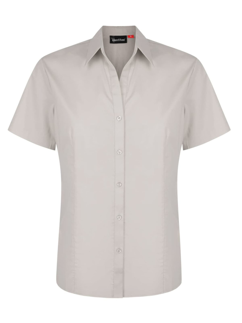 A light grey ladies' short sleeve button-up shirt with a collar and a logo on the label.
