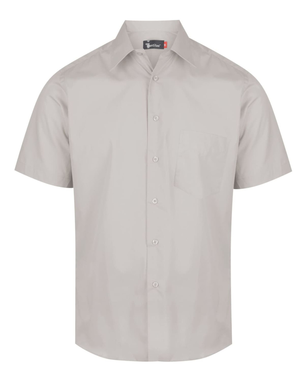 A light grey button-up short sleeve shirt featuring a pocket and a logo detail.