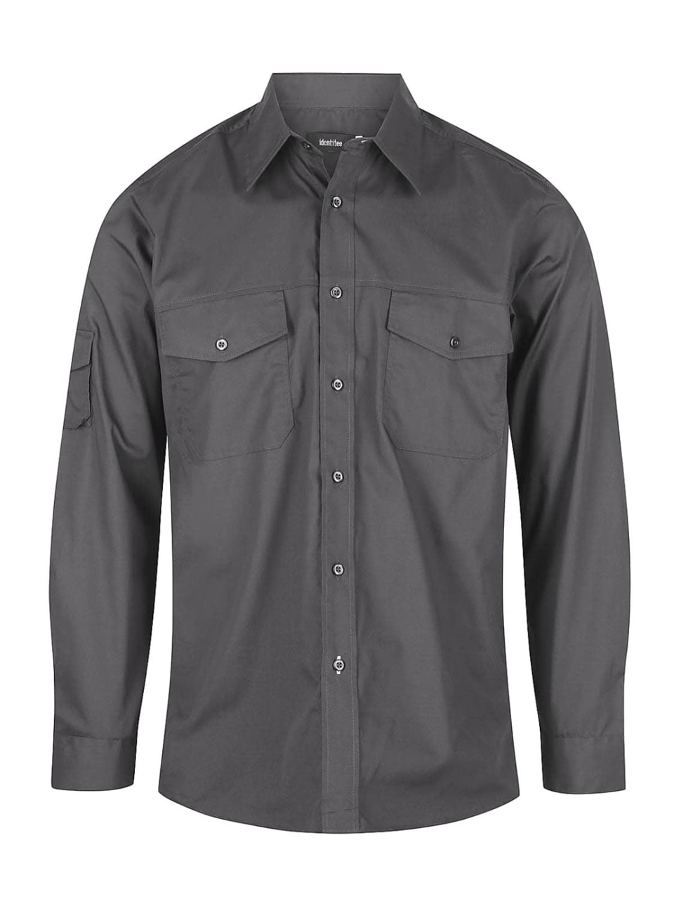 A dark grey long sleeve button-up shirt with two chest pockets and a sleeve pocket, featuring a logo.