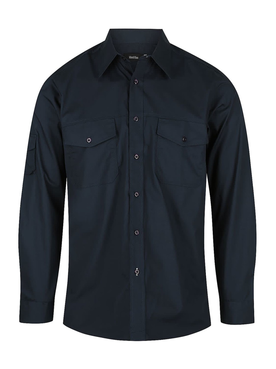 A dark green long sleeve button-up shirt with two chest pockets and a logo.