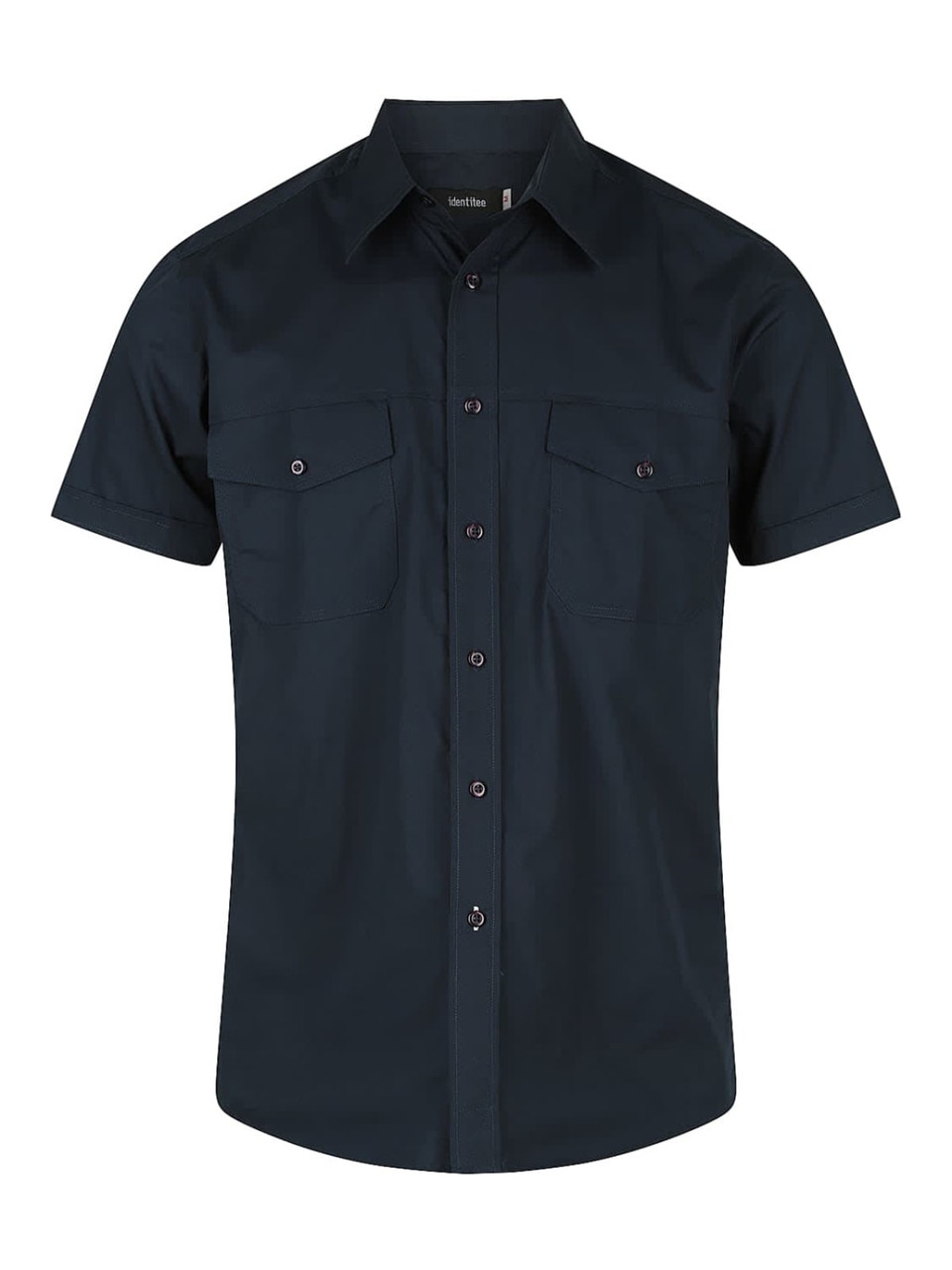 A dark green men's short sleeve button-up shirt featuring two chest pockets and a logo.