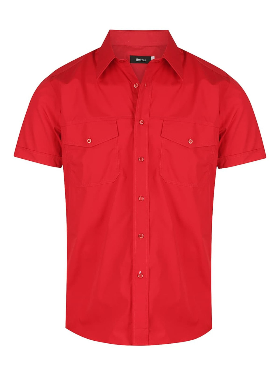 A red short sleeve button-up shirt featuring two chest pockets and a logo.
