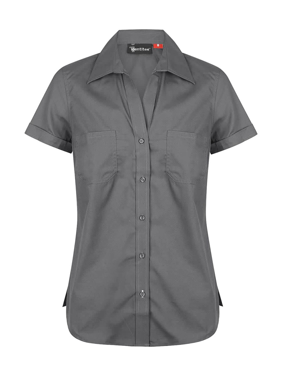 A grey short sleeve button-up shirt with two front pockets and a branded logo.