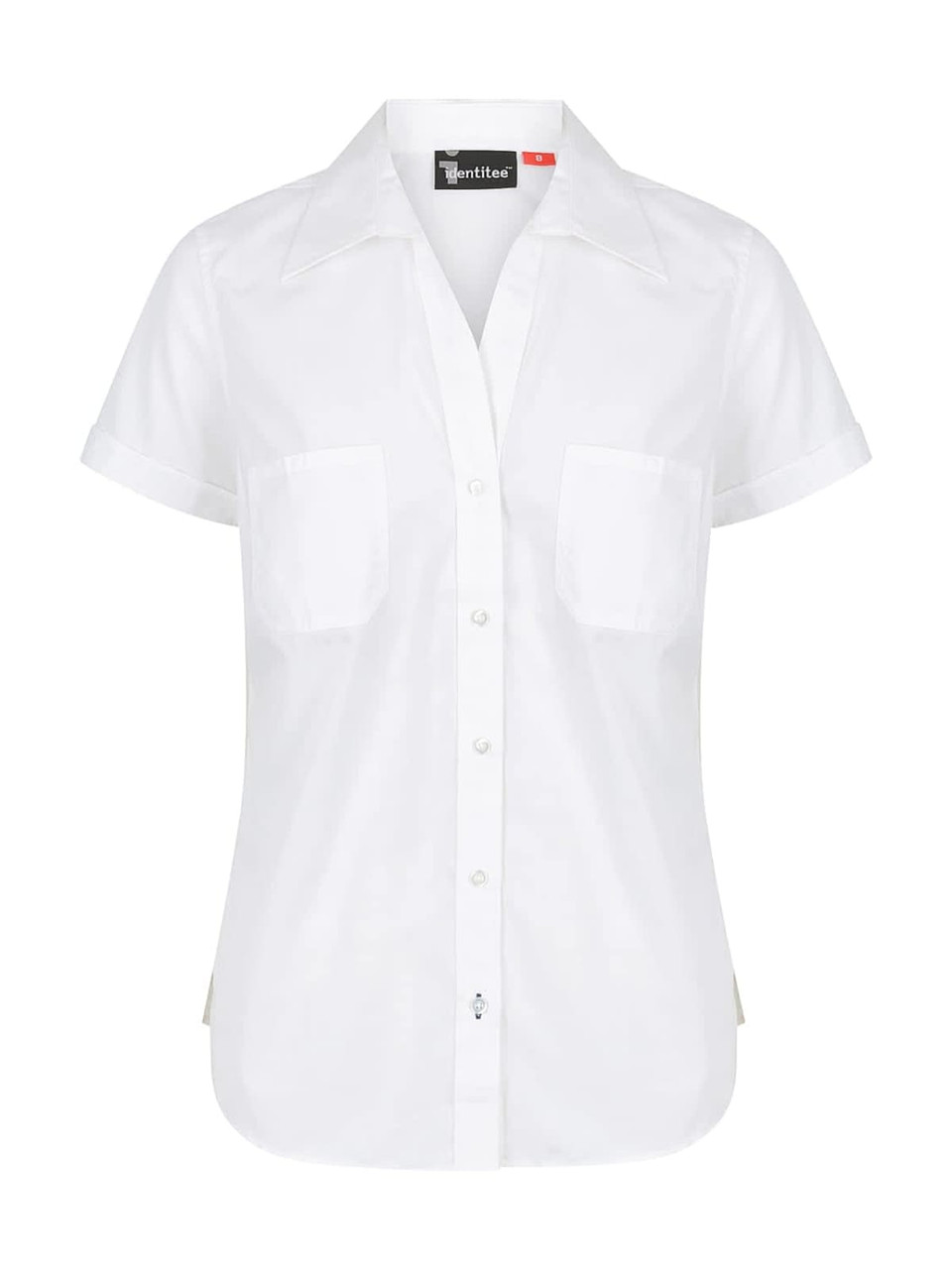 A white ladies' short sleeve button-up shirt featuring two chest pockets and a branded label.