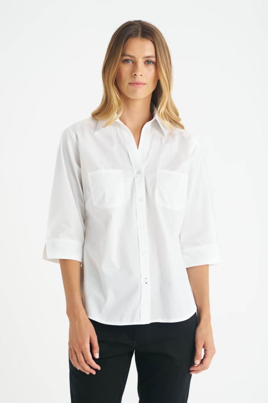 A white ladies' 3/4 sleeve button-up shirt with two chest pockets and a branding logo.