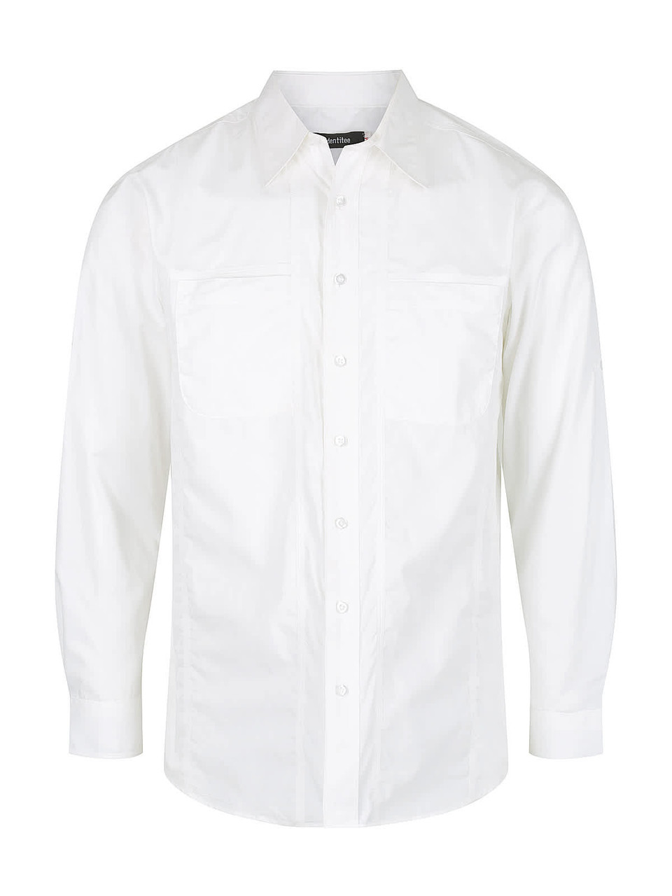 A white long sleeve button-up shirt with two chest pockets and a collar. Features branding on the label.