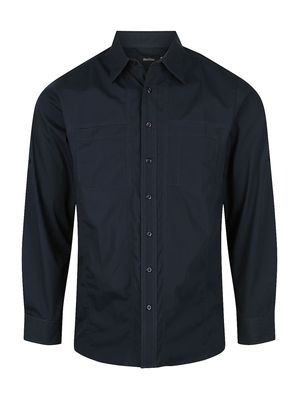 Aston men's long sleeve button-up shirt in dark blue, featuring two chest pockets and a branded logo.