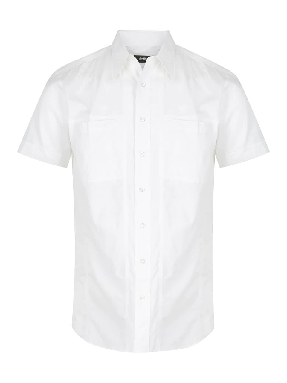 White short sleeve button-up shirt featuring two chest pockets and a logo on the label.