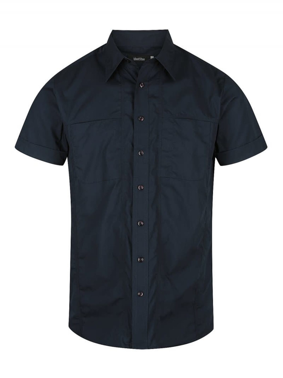 A short sleeve button-up shirt in navy blue, featuring two chest pockets and a logo on the collar.
