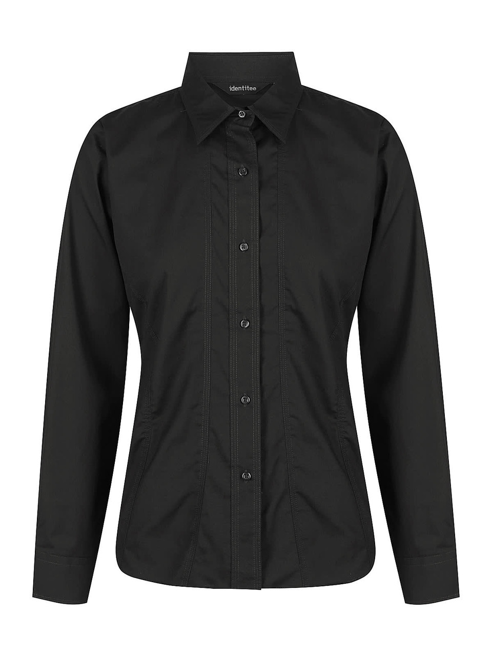 Black ladies long sleeve button-up shirt featuring a fitted design and a front placket with buttons.