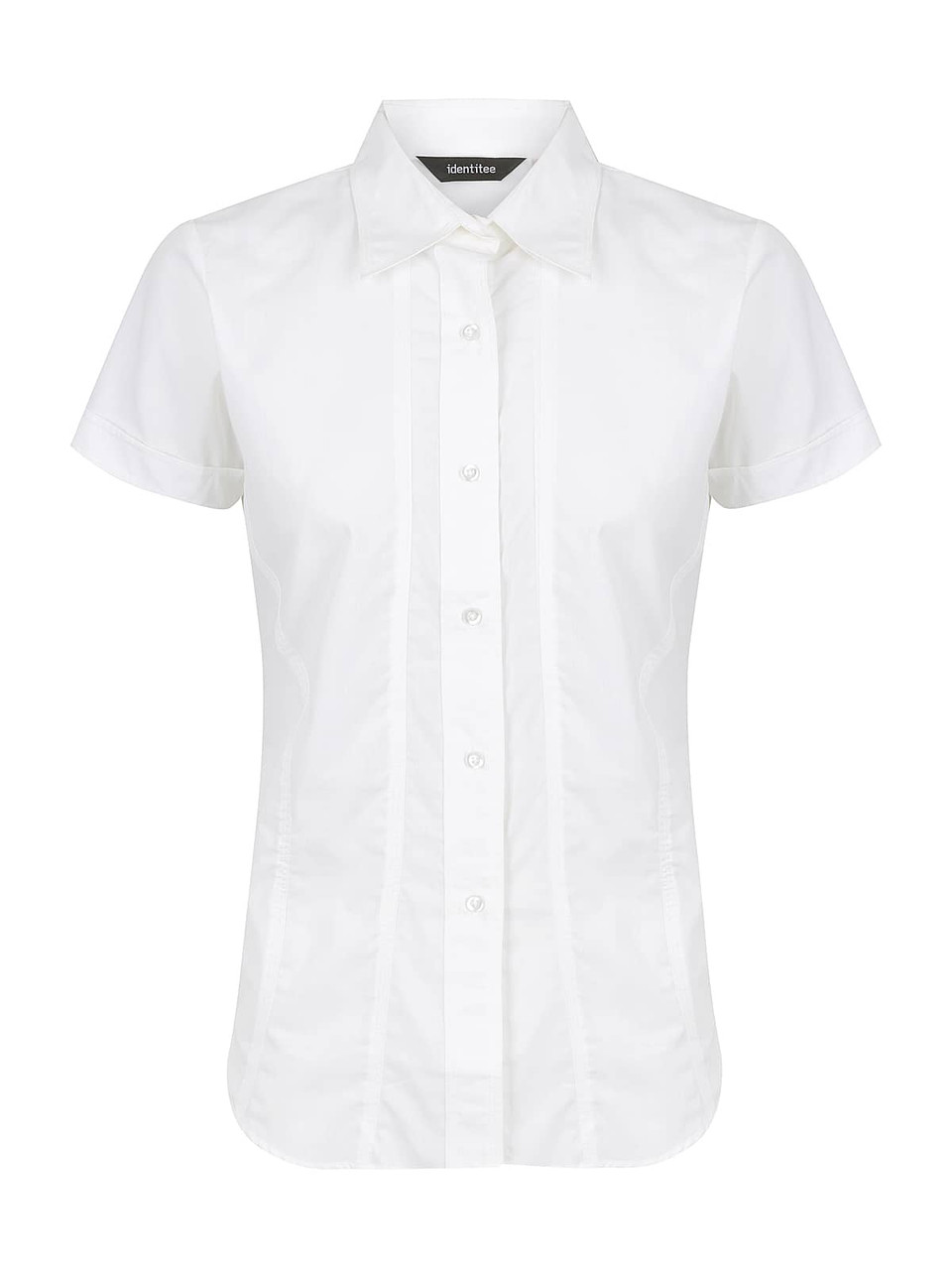 A white ladies short sleeve button-up shirt with a collar and front button closure, featuring a logo.