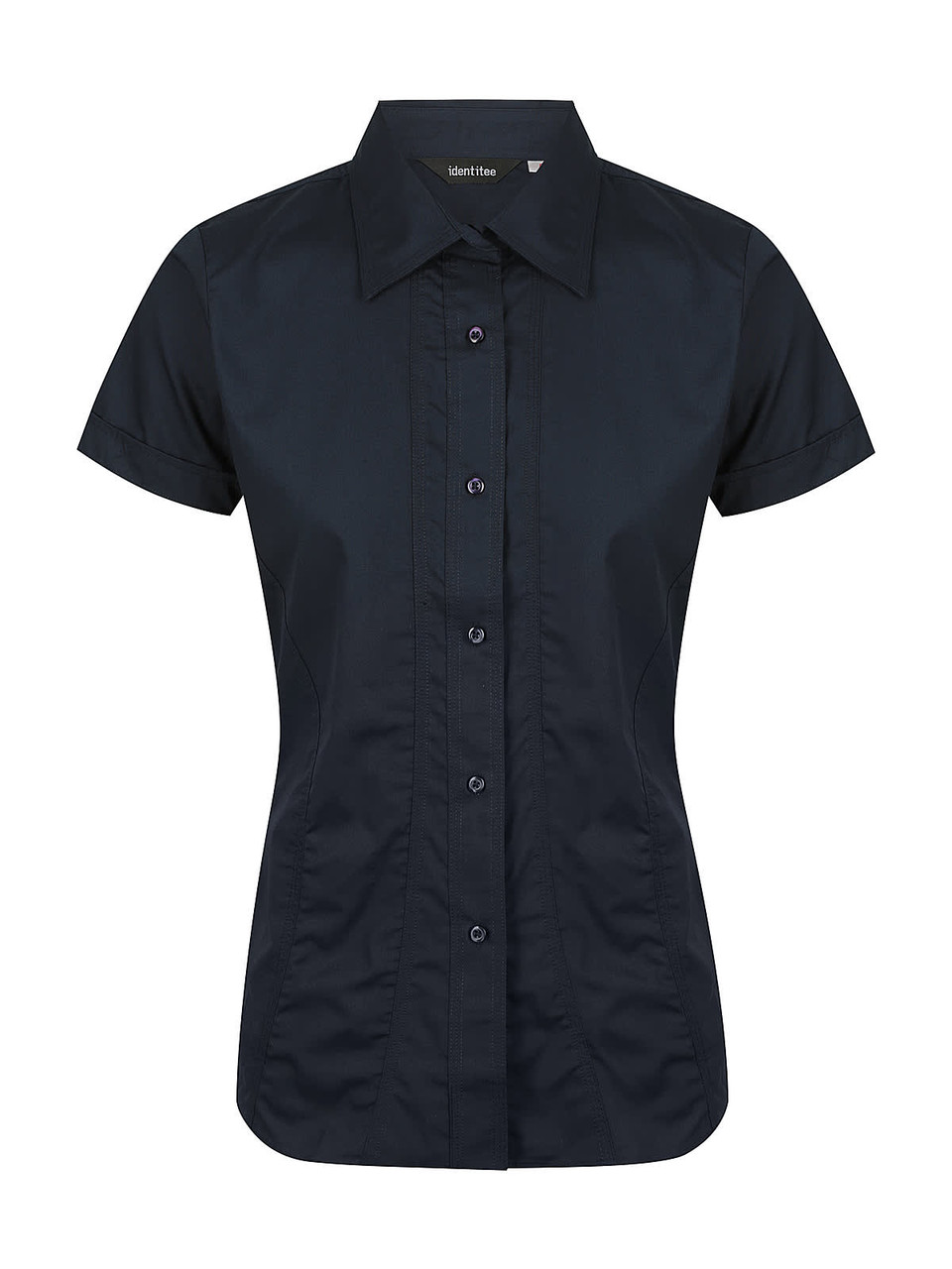 Ladies short sleeve button-up shirt in dark navy, featuring a fitted design and a logo on the collar.