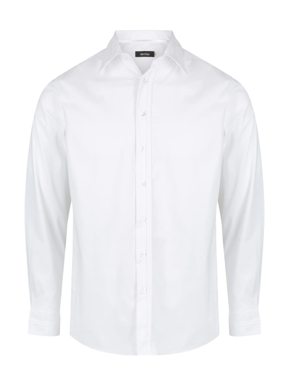 A white long sleeve button-up shirt featuring a collar and a logo on the chest.