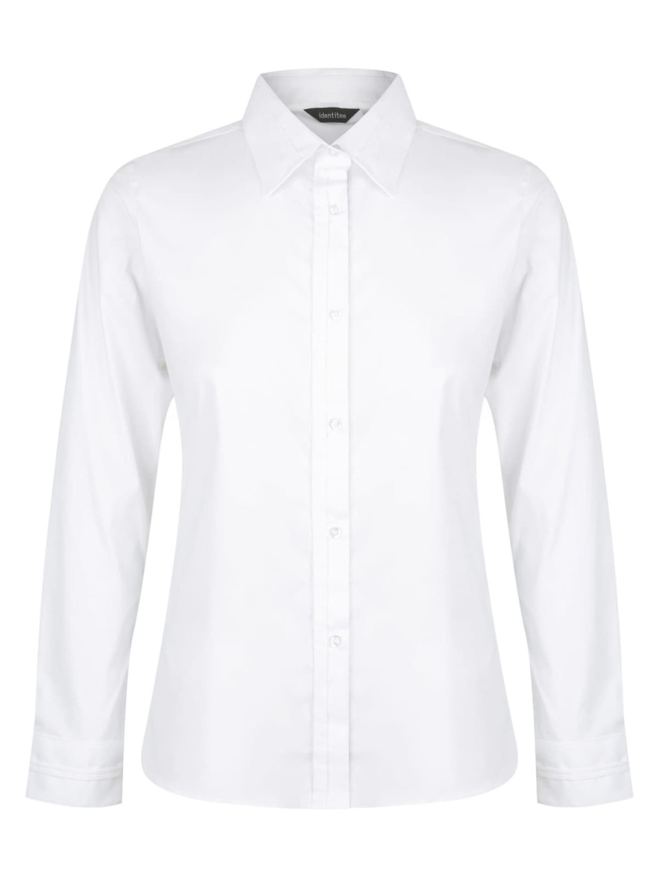 A white ladies' long sleeve button-up shirt featuring a collar and button closure, with a logo on the label.