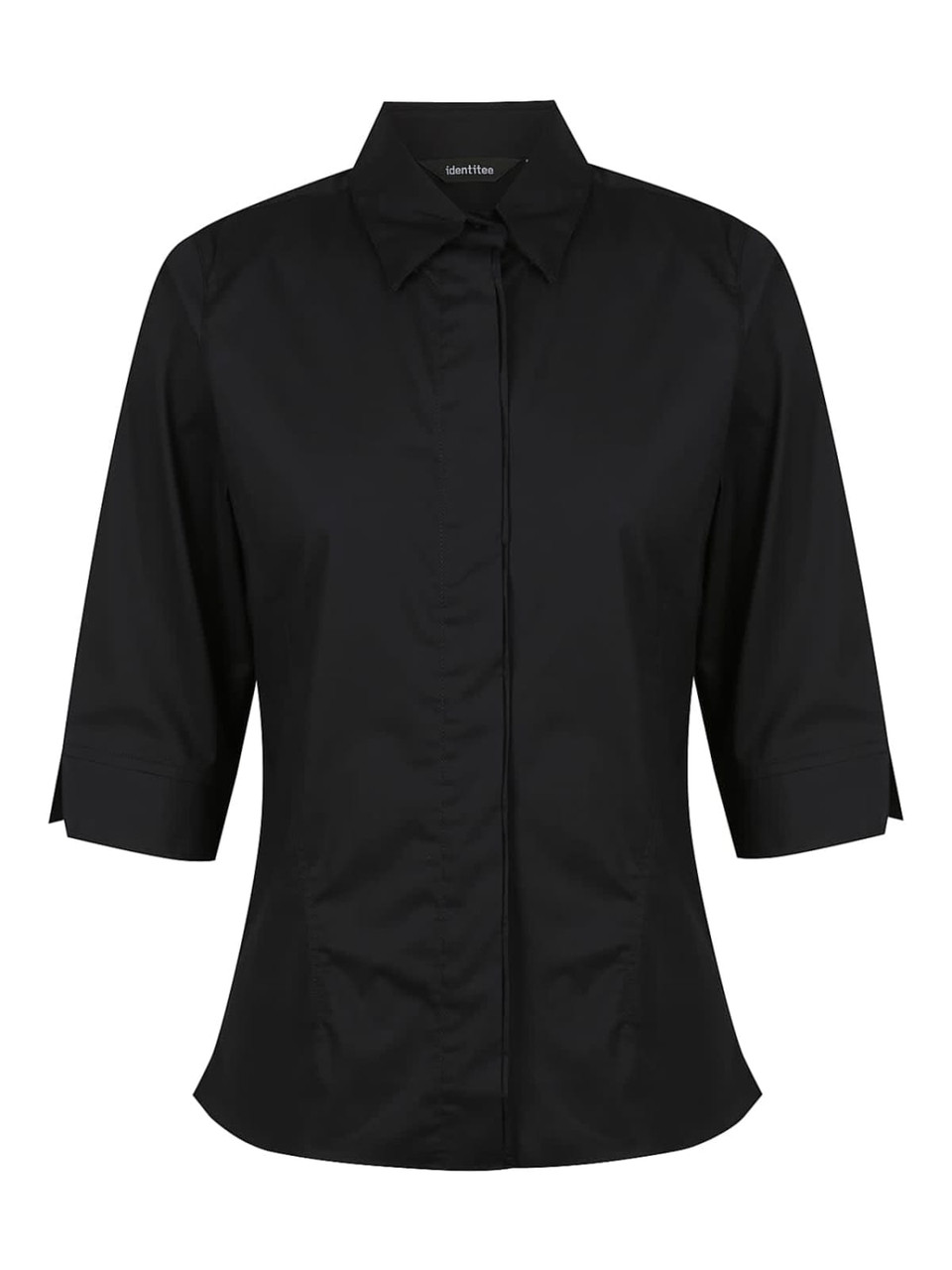 A black ladies' 3/4 sleeve button-up shirt with a fitted design and collar, featuring a logo.
