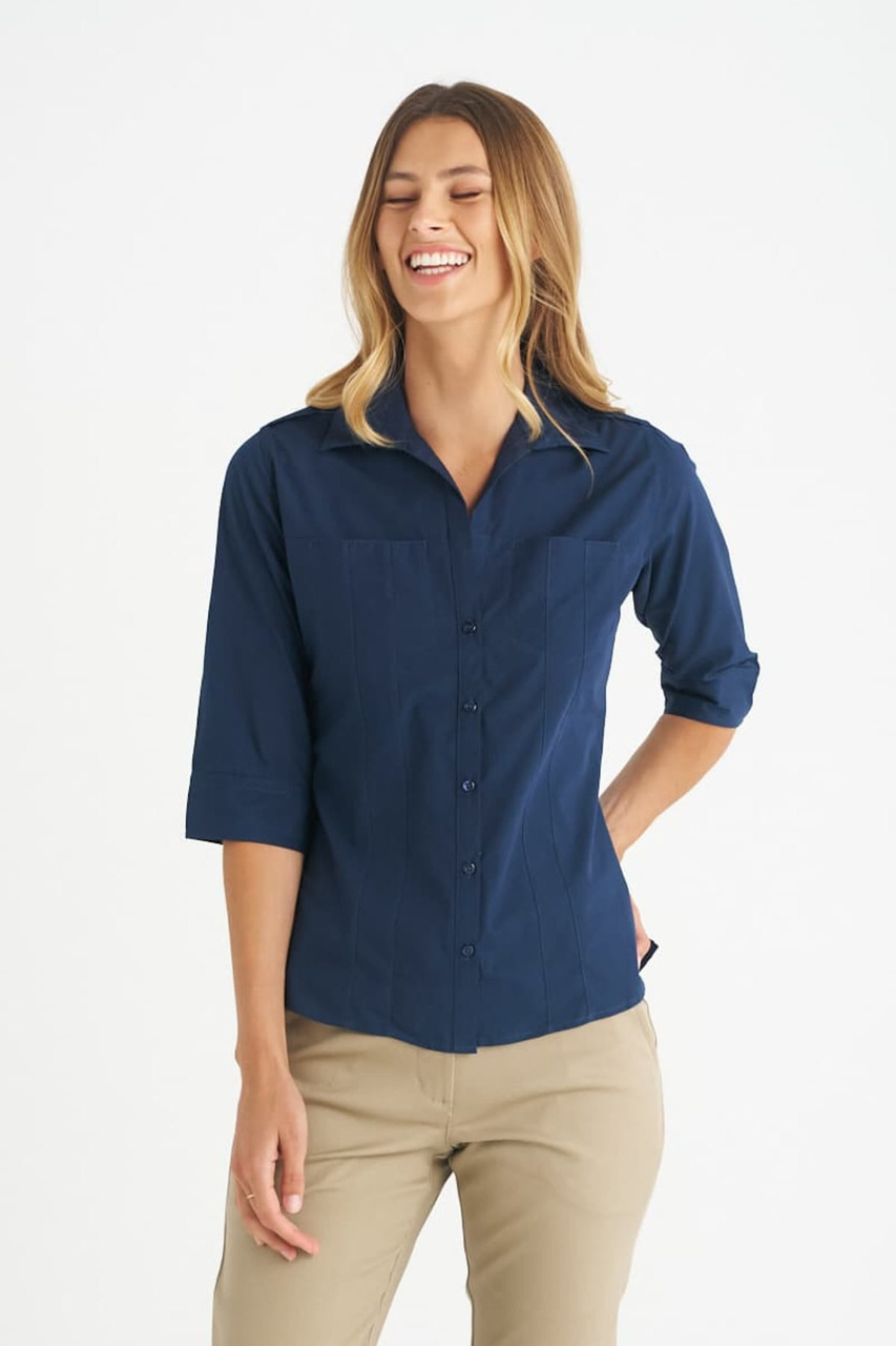 A navy blue ladies' button-up shirt with three-quarter sleeves and a collar, featuring a branded logo.