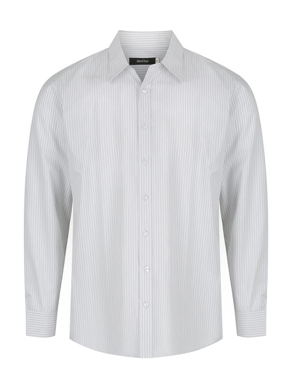 A long sleeve button-up shirt in a light grey and white striped pattern featuring a collar and front buttons.