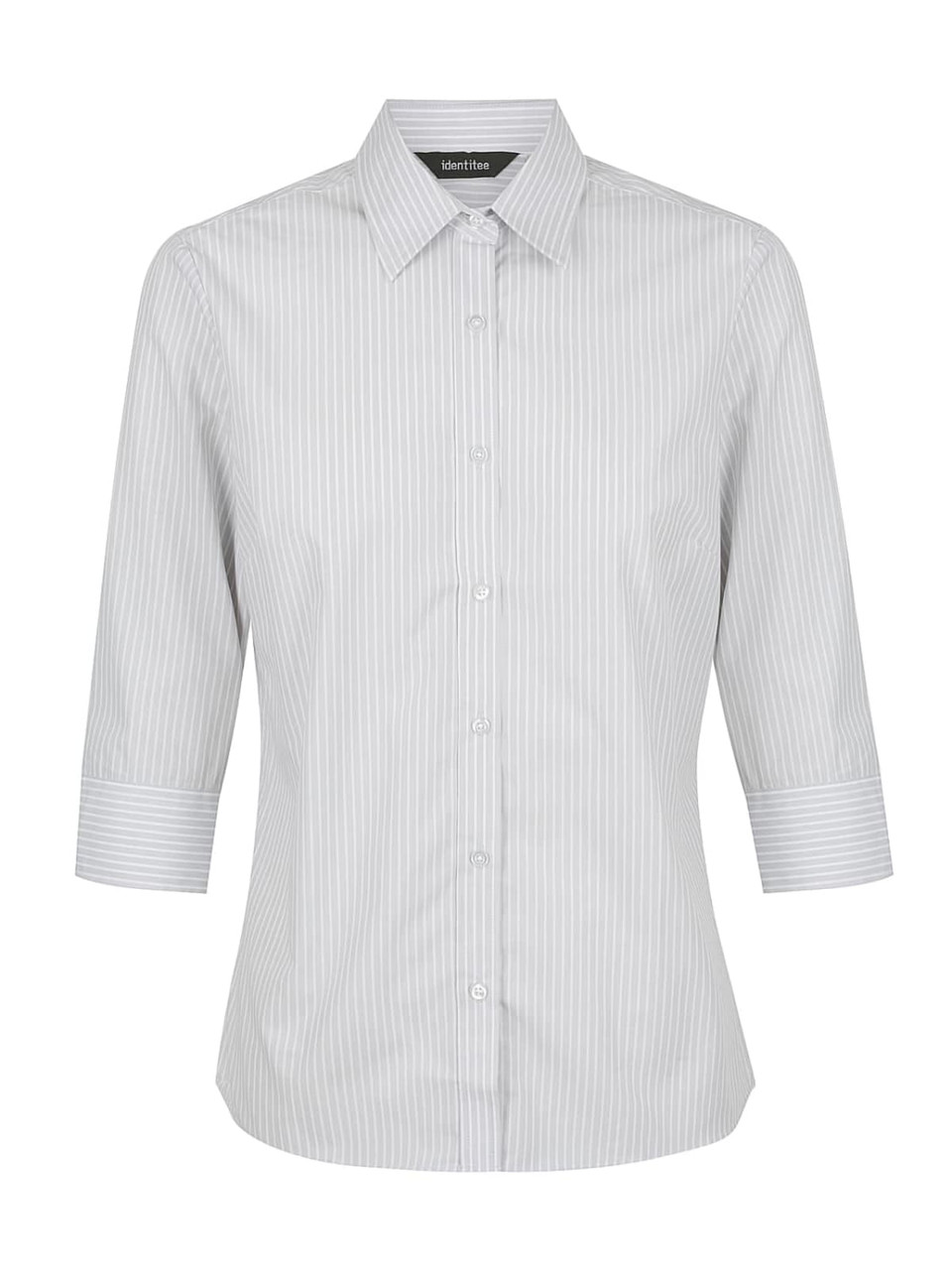 A grey and white striped ladies' 3/4 sleeve button-up shirt, featuring a collar and a logo.