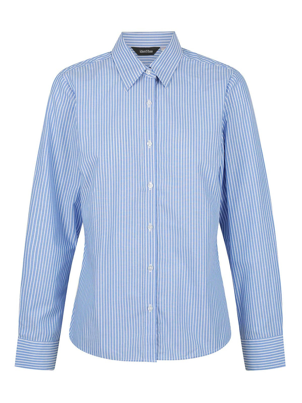 A ladies' long sleeve button-up shirt in blue and white stripes, featuring a classic collar and button closure.