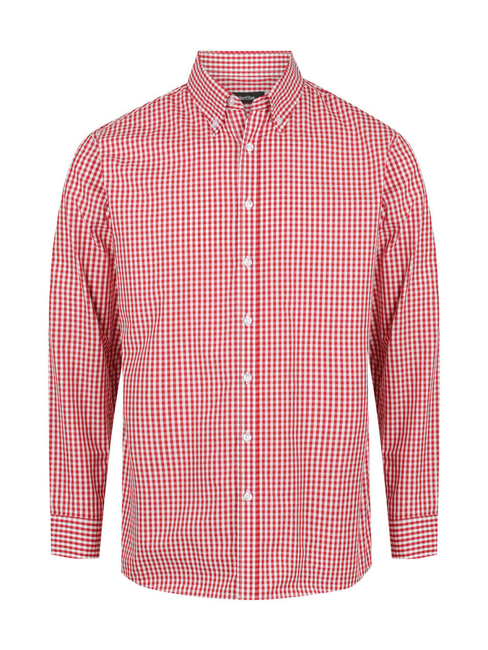 A long sleeve button-up shirt in red and white check pattern with a collar and a logo.